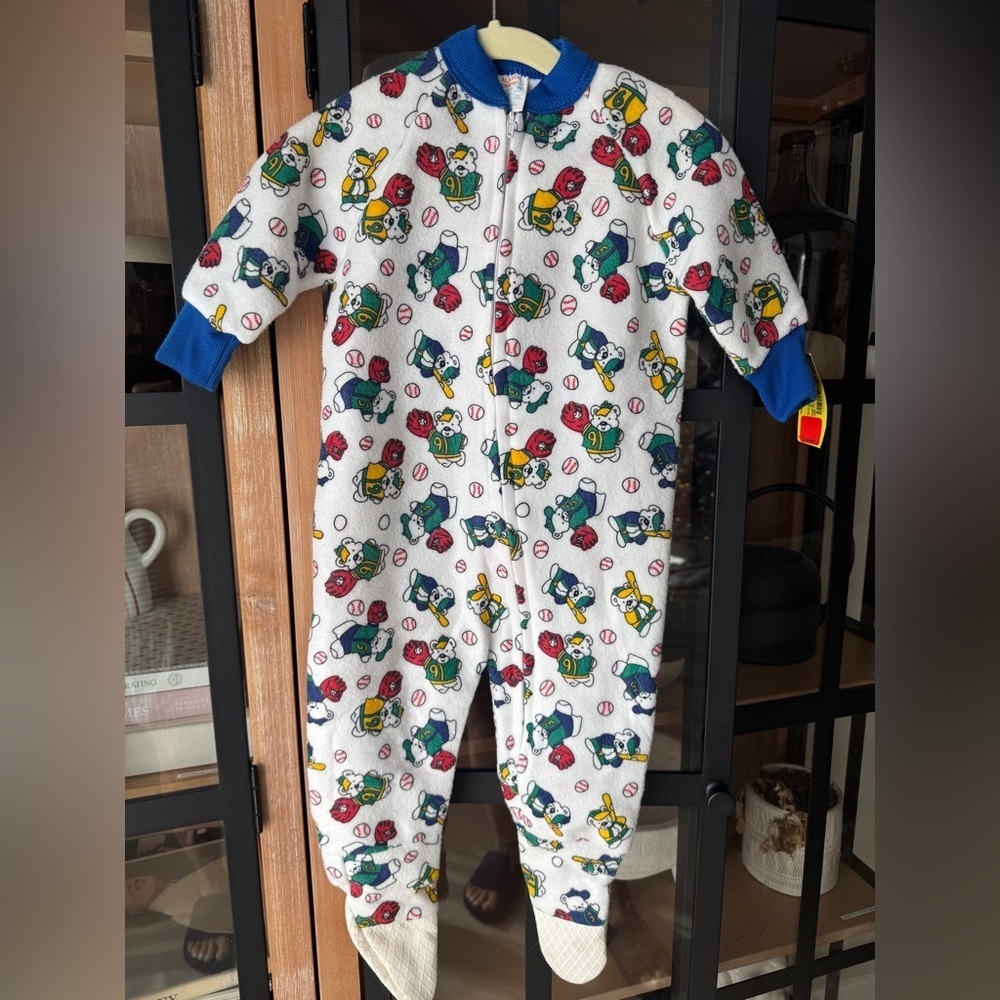 Nwt Vintage 80s Baseball Teddy Bear Footies Baby Toddler Boy Fleece Coverall Zip — image 7 of 8